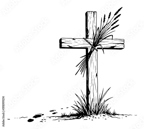 Detailed line art of a wooden cross with wheat stalks and footprints