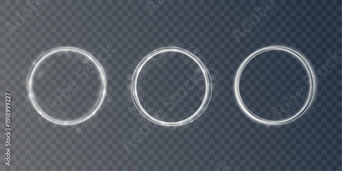 Circle shine on transparent backdrop. Glowing ring with glitter effect. Round silver frame and magic particles. Festive element with glittering stardust 