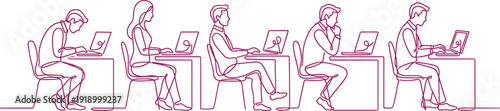 Business team working on laptops continuous line art, office employees collaboration concept, remote work vector illustration set