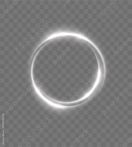 Transparent ring with radiant particles floats gracefully. Warm gold hue and shimmer add elegant detail.