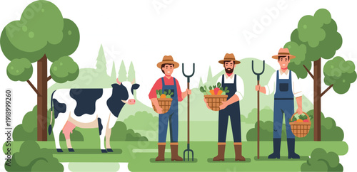 Farmers Harvesting Vegetables with Cow in Rural Farm Landscape Agriculture Workers and Organic Farming Vector Illustration Scene