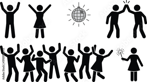 Celebration and teamwork icons set, happy people dancing high five success symbols, party vector illustration collection isolated