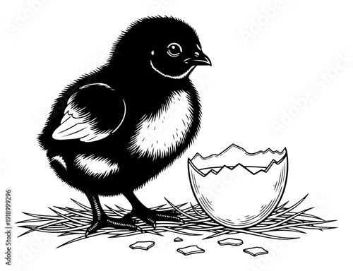 Small baby chick standing next to a broken eggshell in a black and white illustration style