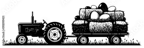 Silhouette of a vintage farm tractor pulling a trailer with hay and easter eggs
