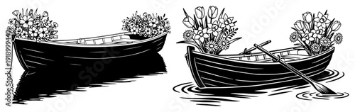 Black and white illustration of wooden boats filled with blooming spring flowers on water