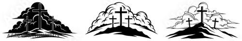 Three religious crosses on a hill with dramatic clouds in a black and white silhouette style