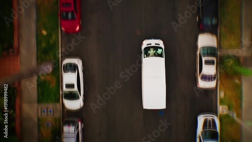 Van driving on narrow road with parked cars