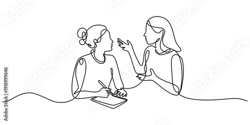 Continuous one line drawing of two women, one writing notes while the other gestures and speaks, representing a consultation, interview, or discussion. Two businesswomen engage in a focused discussion