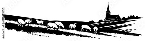 Minimalist landscape silhouette of sheep grazing on a hill near a village church
