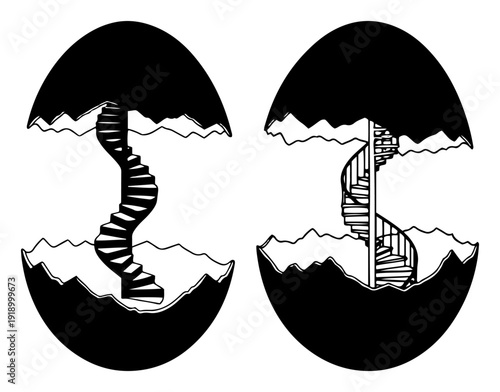 Surreal concept silhouette of spiral staircases rising inside cracked egg shells