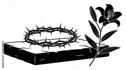 Crown of thorns on stone block with a lily flower religious illustration