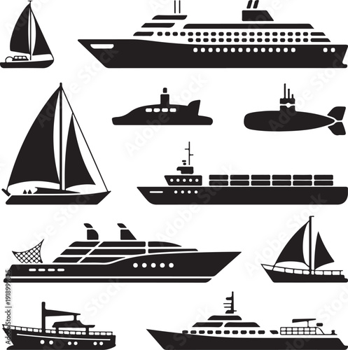 black silhouettes of various boats and ships on white background