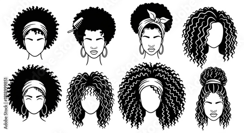 Collection of Diverse Black Women Hairstyles Illustrations.
