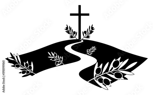 Black and white silhouette of a winding path leading to a christian cross with olive branches