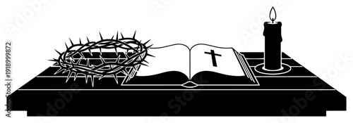 Religious silhouette of an open bible with crown of thorns and a burning candle on a table