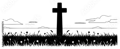 Silhouette of a christian cross standing in a meadow with spring flowers and clouds in the sky