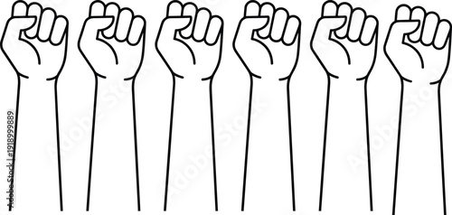 Raised fists protest symbol, unity and solidarity concept, social justice movement illustration, empowerment activism graphic, collective resistance black line art