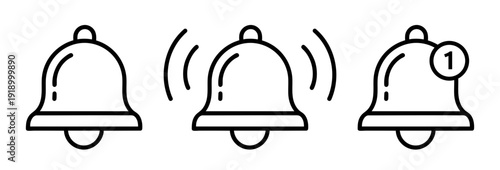 Notification Bell Icon Set – Alert, Ringing, Message and Reminder Symbols, Alert, Reminder and Message