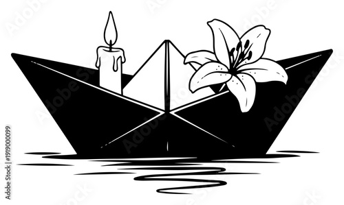 Silhouette of a paper boat floating on water with a lily flower and a lit candle