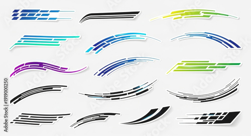 Collection of abstract racing stripes and decals for vehicles.