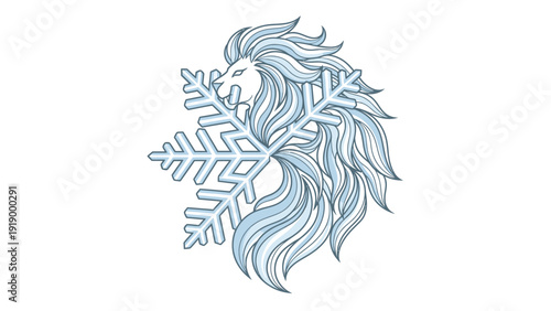 Illustration of a lion's head with flowing mane and a large snowflake on a white background in blue tones.