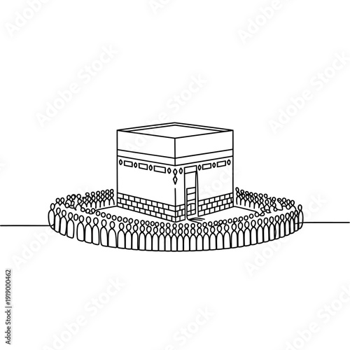 Line drawing of people circumambulating the Kaaba in Mecca Saudi Arabia