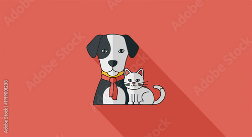 Friendly dog and cat sitting together in orange background with shadows animal companionship concept