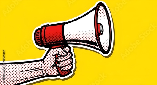 A cartoon hand holding a megaphone against a bright yellow background