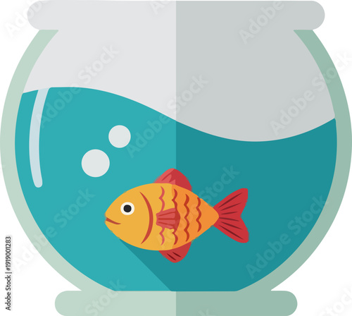 Colorful goldfish swims in teal water with bubbles in a clear fishbowl on a white background simple illustration