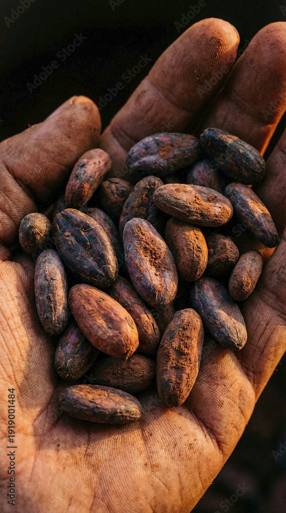 Obraz premium Vertical close-up of raw cocoa beans in a worker's hand. Dried cacao seeds held in a calloused palm. Agriculture and chocolate production concept