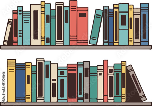 Colorful book collection on two shelves with various book sizes and orientations educational background