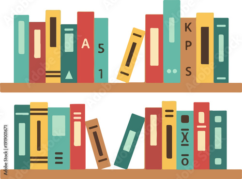 Colorful book collection on wooden shelf various book spines and covers educational background