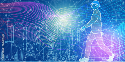 Wallpaper Mural Walking industrial worker or engineer silhouette featuring energy generation and infrastructure icons. Project management, engineering and safety inspection. Torontodigital.ca