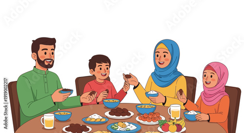 Family sharing a meal together around a table with various dishes and drinks