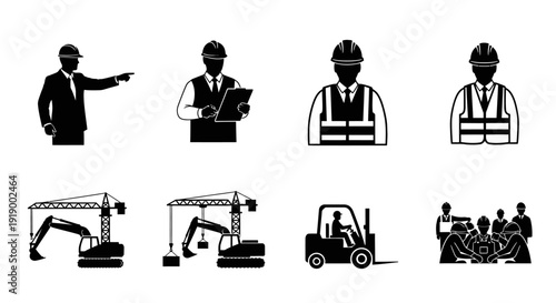 Construction and Engineering Icons Set: Workers, Heavy Machinery, Safety, and Teamwork Silhouettes