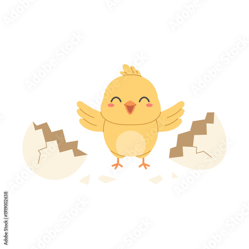 Cute baby chick hatching from cracked egg. Happy Easter spring farm character