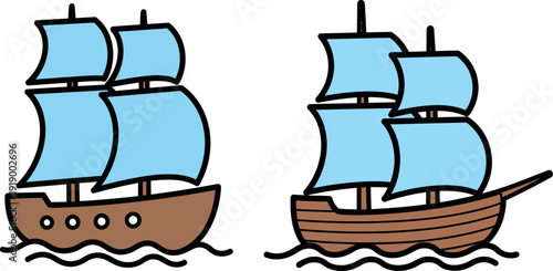 Vintage sailing ships with blue sails on ocean waves vector cartoon illustration