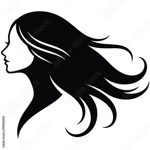 Elegant woman profile silhouette with long flowing hair. Beauty, spa, fashion, and hair care vector illustration.