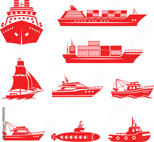Red maritime vessel icons set including submarine yacht cargo ship and tugboat
