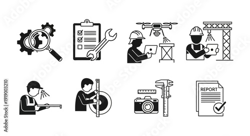 Comprehensive Inspection and Quality Control Icons Set for Engineering, Construction, Maintenance, and Audit Services