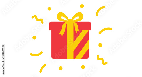 Bright red gift box wrapped with a vibrant yellow ribbon surrounded by festive confetti celebrating an occasion
