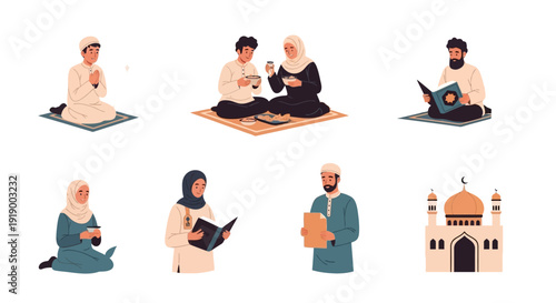 People Engaged in Prayer and Reading at Various Locations with Places of Worship