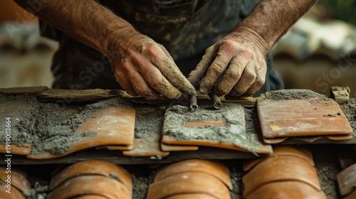 Artisan hands repair terracotta roof tiles outdoors, weathered house background