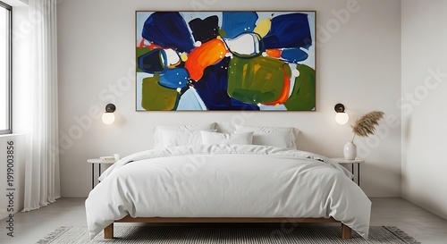Modern bedroom with vibrant abstract art above bed