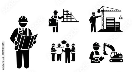Construction and Engineering Industry Icons: Architects, Builders, and Site Managers at Work with Equipment & Blueprints