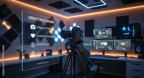 Professional camera setup in modern control room with neon lighting and multiple screens displaying various content creation statistics and analytics