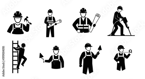 Construction Worker & Tradesman Icons Set - Builder, Engineer, Mason, Laborer Silhouettes with Tools, Hard Hats, and Blueprints