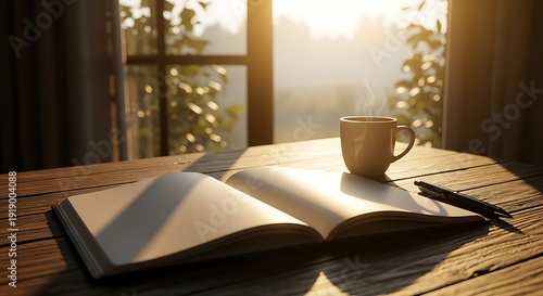 Cozy morning workspace with steaming coffee and open notebook