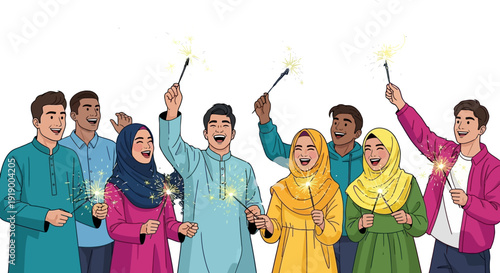 Diverse group of people celebrating with sparklers in traditional attire, showcasing unity and cultural heritage in a vibrant scene