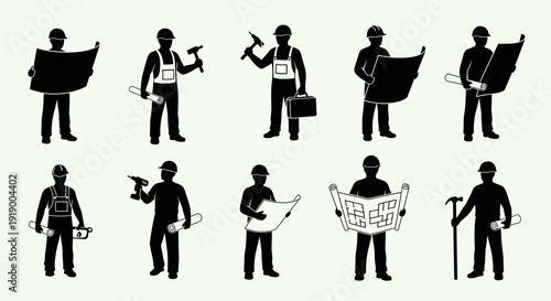 Construction Worker Icons Set: Silhouettes of Builders, Engineers, and Tradesmen with Blueprints, Tools, and Hard Hats
